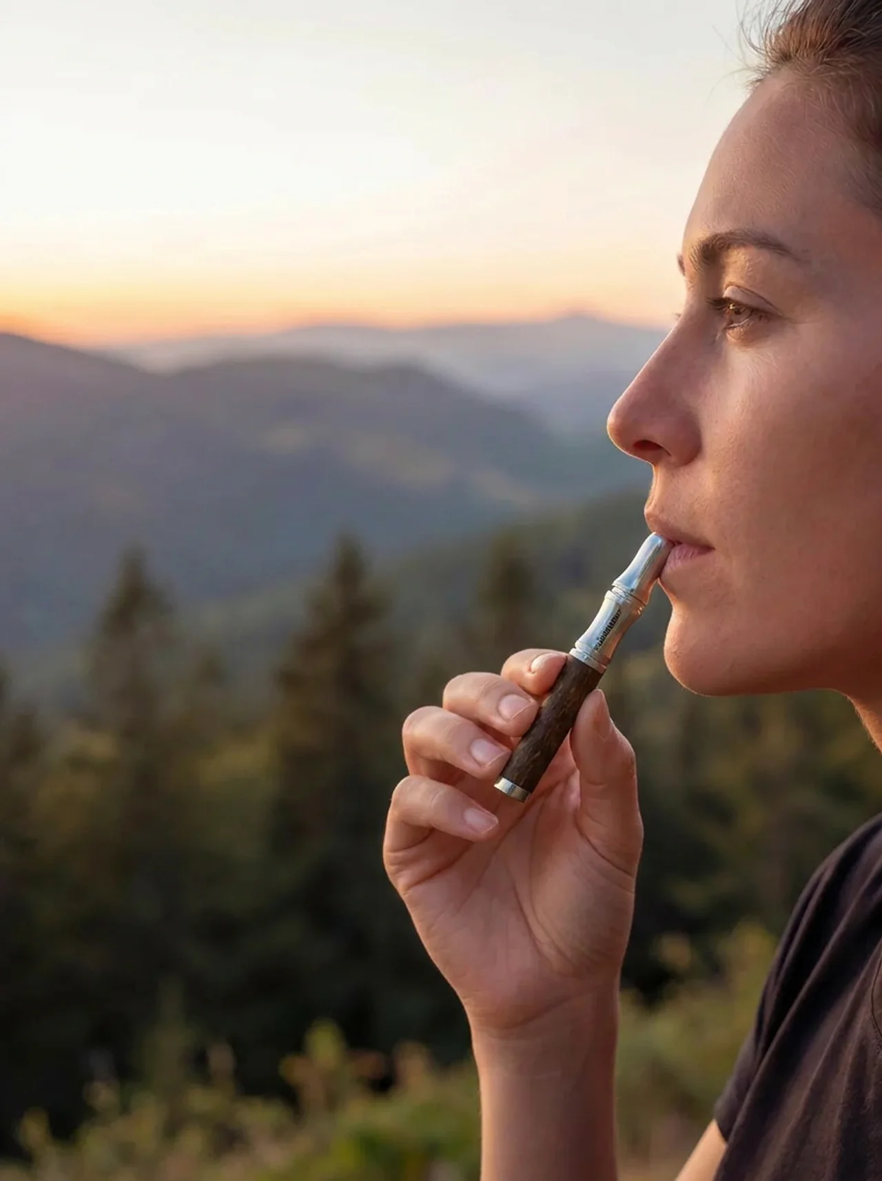 Woman using herbal air device